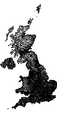 Map showing UK interaction data wards 2001 boundaries